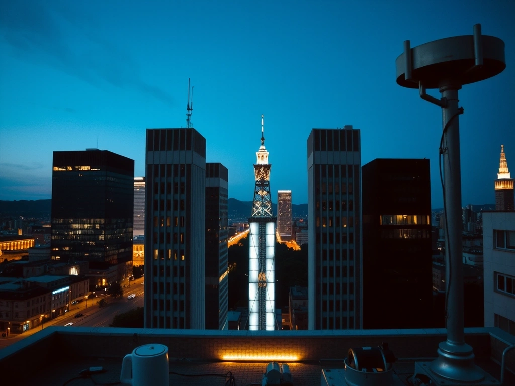 Skyline urbana con connessioni luminose